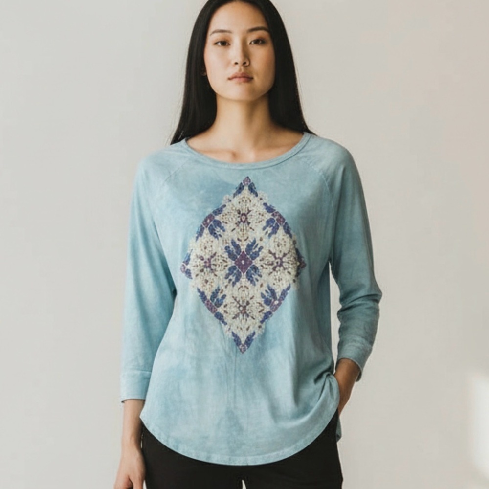 Lucky Brand T-Shirt Aqua Blue Graphic Mandala Size S